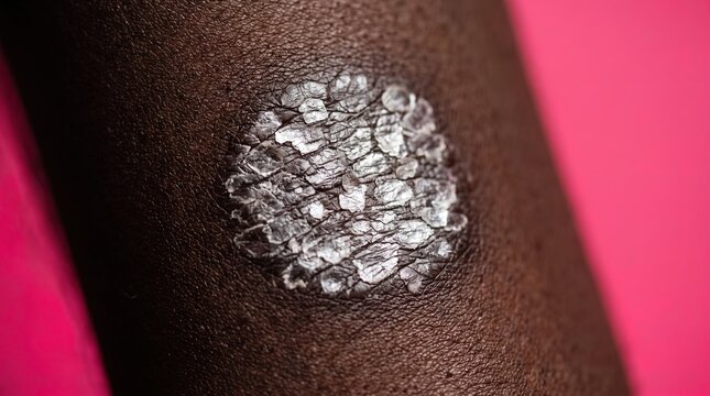 Macro shot of circular silvery scaly plaque psoriasis patch on dark skin against pink background