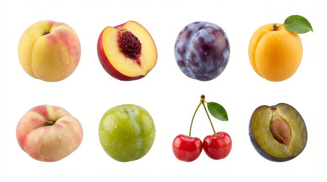 Fresh peaches and plums arranged on a white surface for