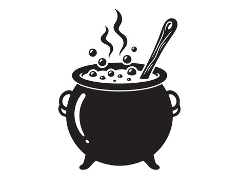 Witch cauldron boiling with magic potion and wooden spoon silhouette for halloween design