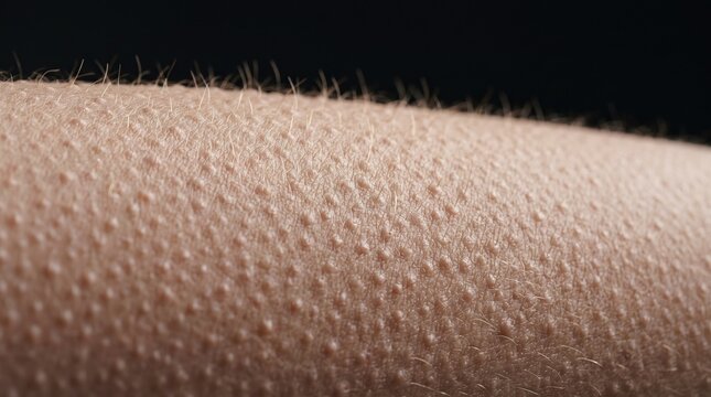 Extreme macro photography of goosebumps raised hair follicles on human arm skin in cold reaction