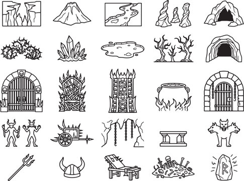A collection of fantasy-themed illustrations depicts various elements such as caves, volcanoes, thrones, and mythical creatures, suitable for game design or storytelling.