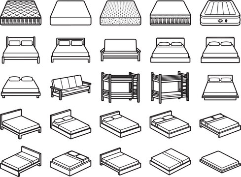 A collection of outline icons representing various bed and mattress designs, showcasing different styles and functionalities for comfort and sleep.