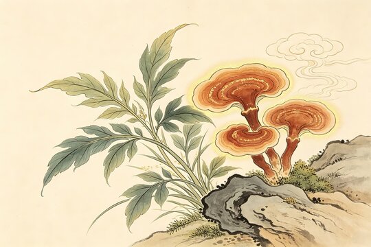 Lingzhi Mushrooms Rock Green Leaves Golden Clouds Fine Line Art