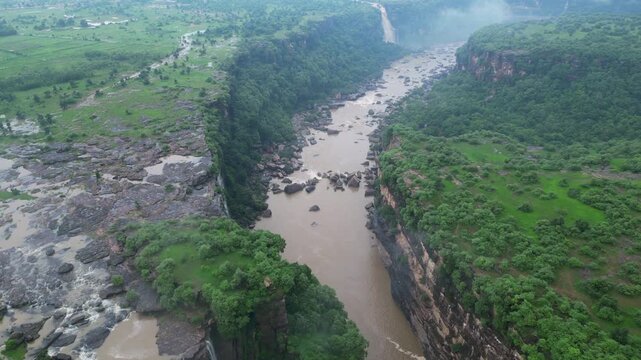 Aerial View of Purwa Waterfall on Tons River Rewa Madhya Pradesh India