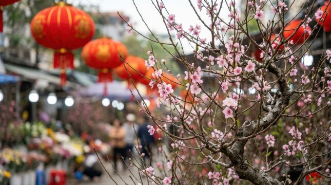 Pink peach blossoms flowering during the Tt celebration in a vibrant outdoor market with traditional red lanterns