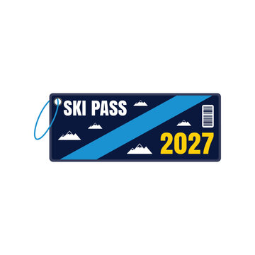 Ski pass 2027 card with barcode and mountain icons for winter sports resort access