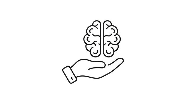 Hand Holding Brain Animated Icon With Alpha Channel. Mental Health Support, Knowledge Sharing, And Cognitive Care Motion Graphic. Intellectual Growth And Education. On Transparent Background