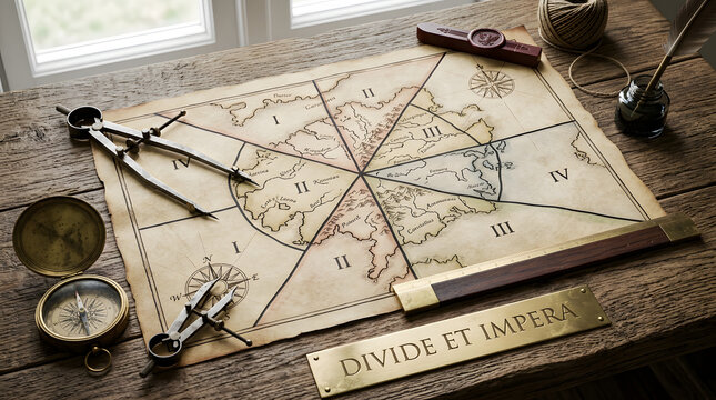 Vintage nautical map with compass and drafting tools on wooden table