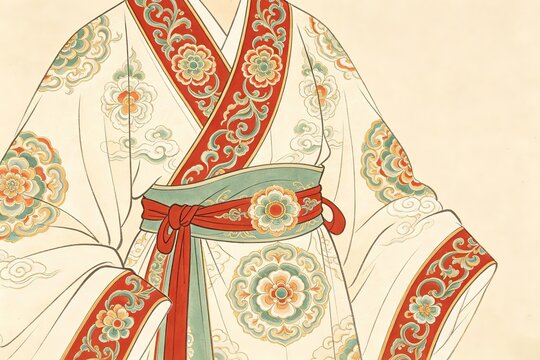 Hanfu Clothing Red White Patterns Flowers Clouds Green Sash Beige