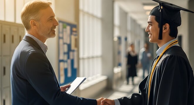 Professor Congratulating Graduate with Handshake in University Hallway
