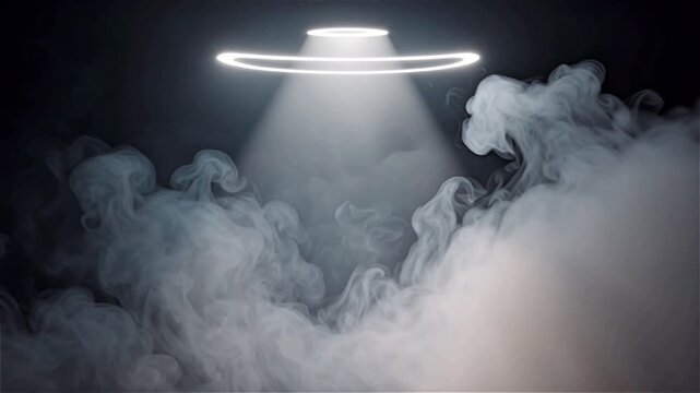 Mysterious UFO Spaceship with Bright Light Beam Descending Through Dense Smoke and Fog at Night, Science Fiction Concept