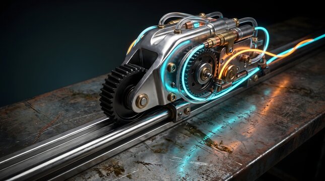 Industrial rail crawler robotic device with glowing neon lights for track.