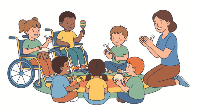 Diverse group of happy children playing musical instruments in a classroom setting with their teacher.