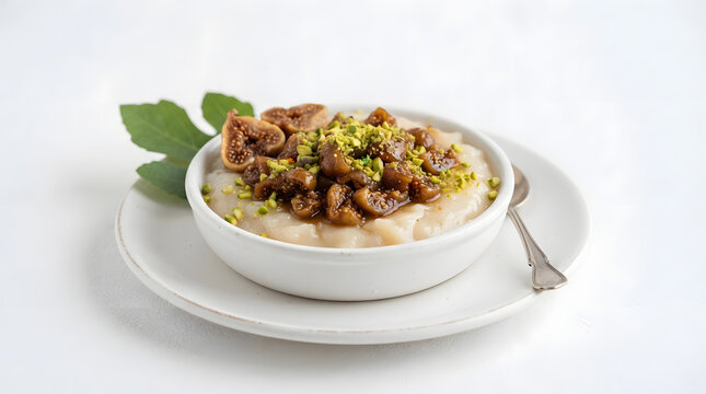 Beautifully served incir uyutmasi (Turkish milk and fig pudding with pistachio nuts) on clean white