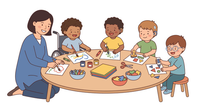 Inclusive classroom scene with a teacher and diverse children drawing and crafting at a table.