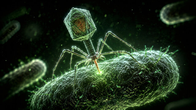 Bacteriophage Attacking Bacteria, 3D Microbiology Render