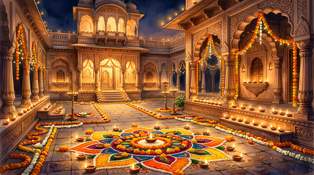Palatial courtyard illuminated with lamps and flower rangoli.