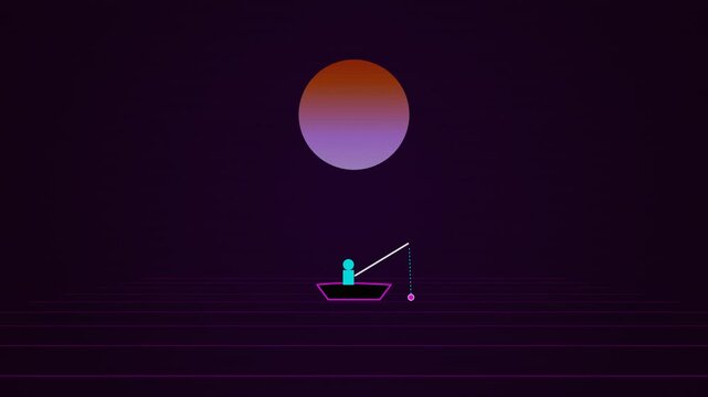 Lone fisherman in a small boat under a large neon sun