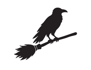 Fototapeta premium Black raven bird perched on a witch broomstick halloween vector silhouette design icon