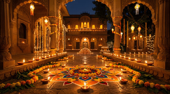 Palatial Indian courtyard lit with diyas and rangoli.