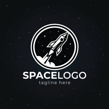 Space themed logo featuring rocket launch illustration with starry background design