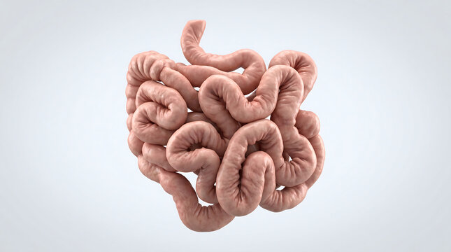 Anatomical model of human small intestine isolated on light background showing intestinal loops jejunum ileum and digestive structure