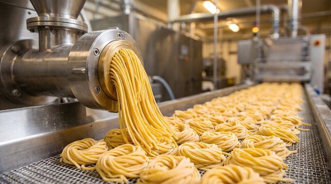 Pasta extruder machine outputting fresh spaghetti onto conveyor belt line.