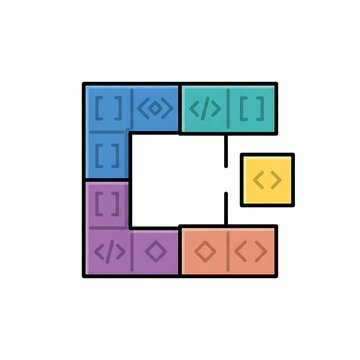 Colorful flat vector icon of a puzzle piece representing software coding