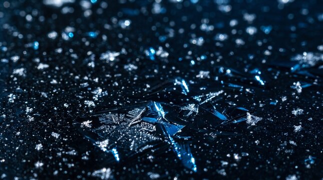 Frost crystals on dark plane surface with shimmering icy details and microscopic winter texture