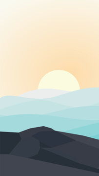 Minimalist Mountain Landscape Illustration with Rising Sun and Layered Hills