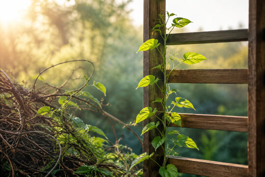 A green vine growing up a clean wooden trellis.