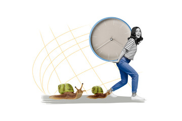 Composite photo collage of happy girl carry huge watch clock regime slow snail timetable deadline isolated on painted background © deagreez