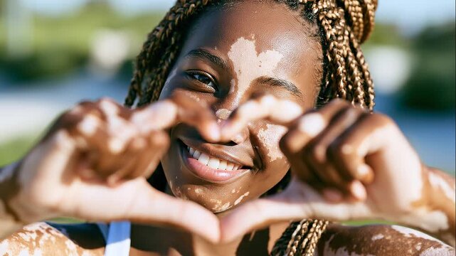 Young Black woman with braided hair making a heart gesture outdoors, irregular white patches visible across face, arms and fingers, acrofacial vitiligo, pigment loss, uneven mp4