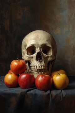 Still life composition featuring a human skull surrounded by variety of ripe red and yellow apples memento mori dark rustic fresh fruit artistic composition symbolism dramatic classical