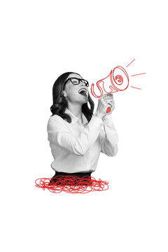 Vertical poster collage young businesswoman proclaim information promoting speech scream shout excited protest drawing background