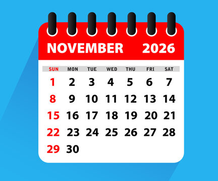 November 2026 Calendar Leaf. Calendar 2026 in flat style. November 2026 Calendar. Week starts on Sunday. Blank Calendar Template. Stationery Design. Vector Illustration