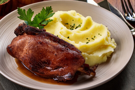 Scharf gebratender Gefl&uuml;gelbraten mit Kartoffelbrei  auf einem Teller