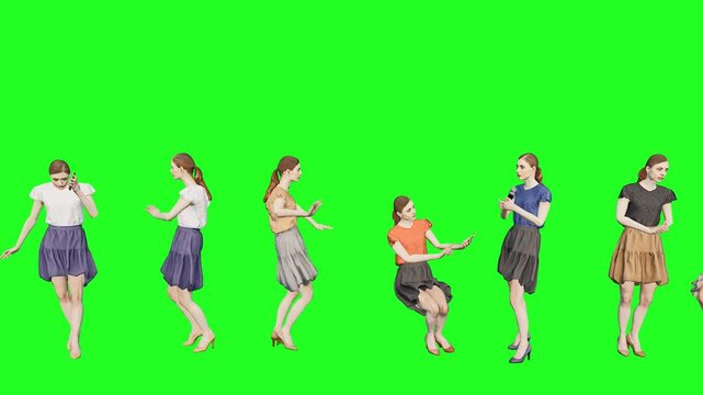 3d people man woman character render on green screen chromakey dancing in dresses for isolated stock footage video photo ready for compositing in film production and commercial projects use