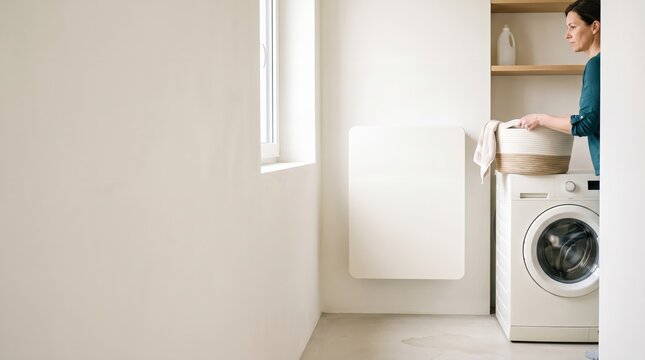 Homeowner sets the laundry basket down the moment she passes the battery unit on the wall, home energy storage in daily life with copy space