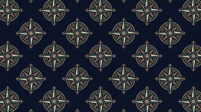 Seamless compass pattern on dark blue fabric texture for nautical design background