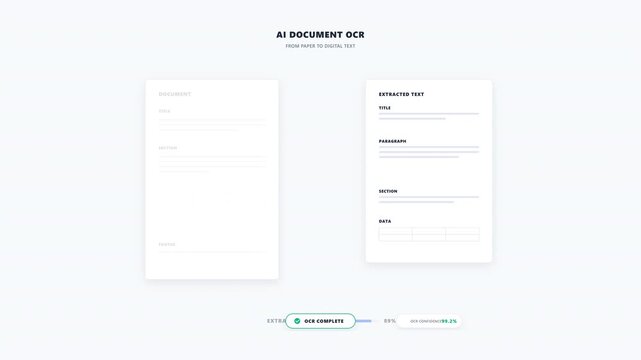Premium minimal editorial tech animation showing a physical document undergoing AI Optical Character Recognition (OCR)