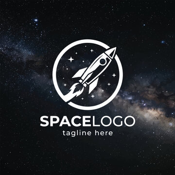 Space themed logo featuring rocket inside circular design with starry background