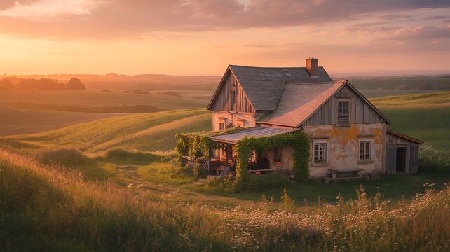 Rustic countryside house at sunset in peaceful rural landscape