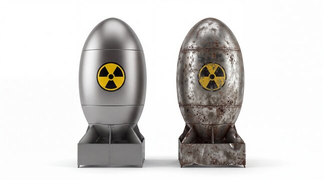 Two metal atomic bomb missiles showing clean and rusted surface textures displayed on white background