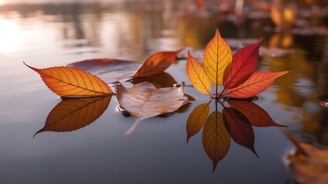 Autumn leaves floating on calm water with reflections