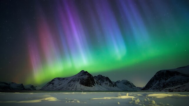Northern lights aurora borealis over snowy mountains night