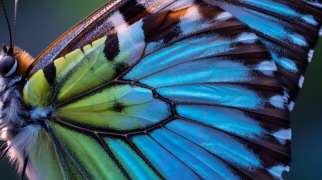 Macro butterfly wing texture with blue and yellow patterns