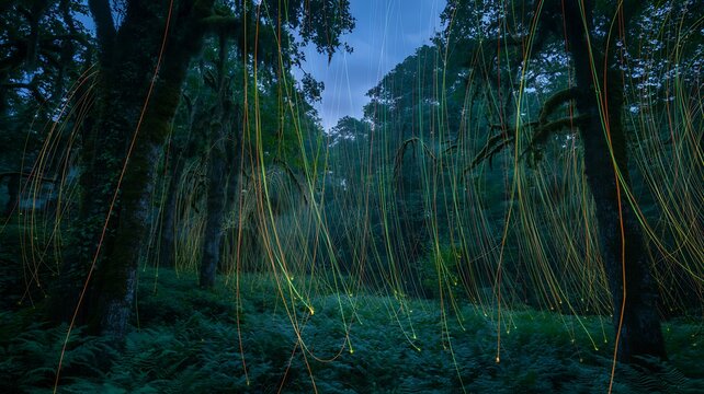 Fireflies glowing light trails in a mystical dark forest