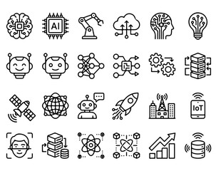 Obraz premium Set of thin line icons representing artificial intelligence, machine learning, robotics, and digital technology concepts on black background