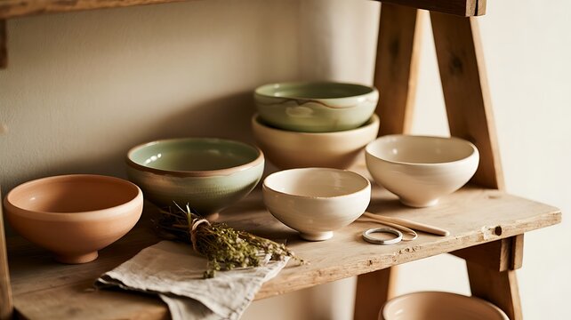 Handmade ceramic bowls on rustic wooden shelves in kitchen